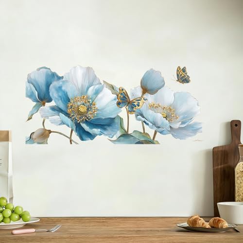 ANNA QUEEN Blue Flower Wall Decals Peel and Stick Floral Wall Stickers with Butterfly Removable Vinyl Botanical Flower Wall Decor for Living Room Bedroom Hallway Elegant Wall Art - Image 3