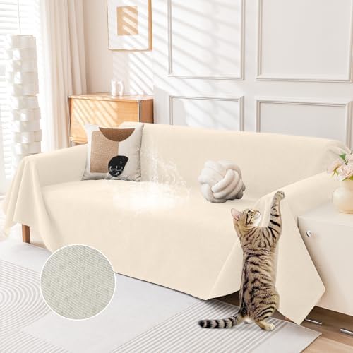 Deep Dream Cat-Scratch Resistant Couch Cover, Waterproof Sofa Cover for 3 Cushion Couch Washable, Pet Friendly Couch Protectors Anti Slip Thickened Love Seat Slipcovers for Dogs Pets,71" x 118",Beige by DeepDream