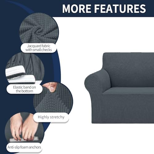 Cupuamon 2026 New Stretch Oversized Sofa Slipcovers Couch Sofa Cover for 4 Seater Furniture Protector Covers with Elastic Bottom Jacquard Fabric Small Checks for Pets, Kids - Grey - Image 4