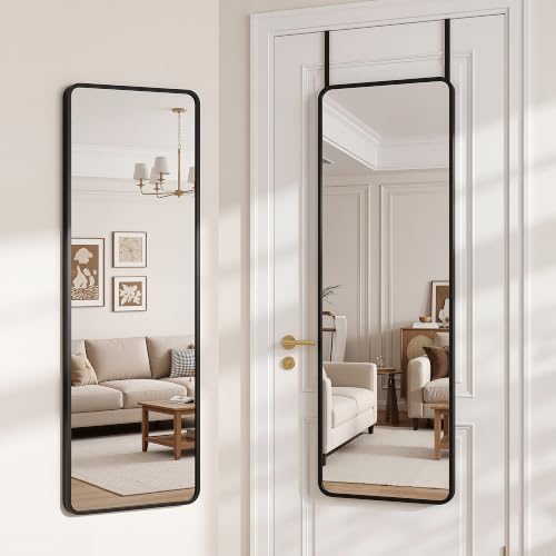 Suidia Full Length Mirror Over the Door&Wall Mounted, 48"x14" Door Mirror with Aluminum Alloy Frame, HD Shatterproof, No-Drill, Hanging Mirrors for Bedroom, Bathroom, Dorm, Closet, Rounded Rect, Black by SuidiaMirror
