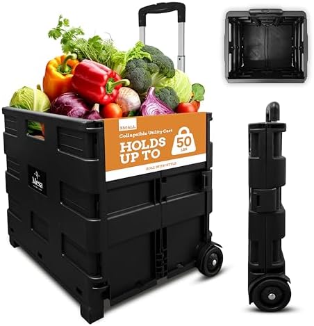 Inspired Living Ultra-Slim Rolling Collapsible Storage Pack-N-Roll Utility-carts, with Telescopic Handle, for Home, Garden, Shopping, Office, School use, Medium, Black by Inspired+Living