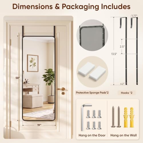 Suidia Full Length Mirror Over the Door&Wall Mounted, 58"x19" Door Mirror with Aluminum Alloy Frame, HD Shatterproof, No-Drill, Hanging Mirrors for Bedroom, Bathroom, Dorm, Closet, Rounded Rect, Black - Image 5