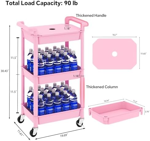Steehoom 3-Tier Utility Rolling Cart with Cover Top Board, Mobile Utility Cart with Lockable Casters Multi-Functional Storage Trolley for Office, Bathroom, Kitchen, Garden, Laundry Room (Pink) - Image 2