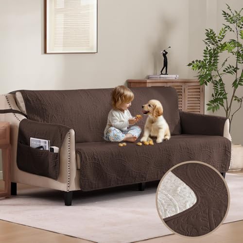 Quilted Sofa Slipcovers with Pockets, Medallion Designed Anti-Slip Couch Covers for 3 Cushion Sofa, Couch Cover for Dogs Cats Water-Repellent Machine Washable (Large Sofa 68", Chocolate) by Pamhaven