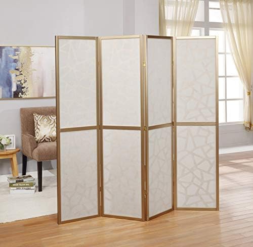 Roundhill Furniture Giyano 4 Panel Screen Room Divider, White Screen with Gold Frame - Image 3