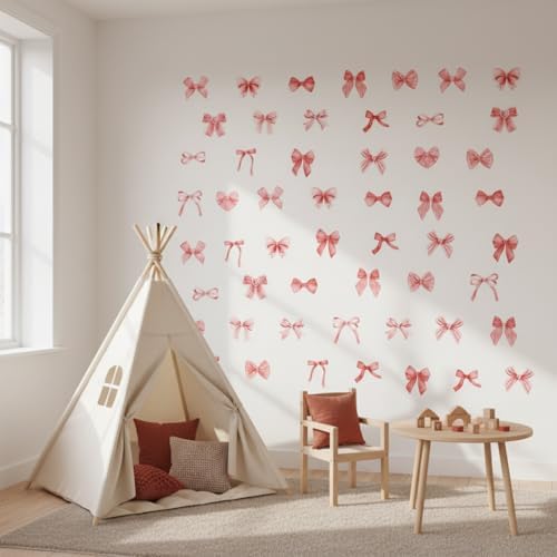 60Pcs Watercolor Bowtie Wall Stickers - Coquette Aesthetic Vinyl Decals for Room Decor in Light Pink, Sky Blue, Mint Green, Lavender Peel and Stick Nursery, Bedroom, Kindergarten Wall Art (Red) - Image 5