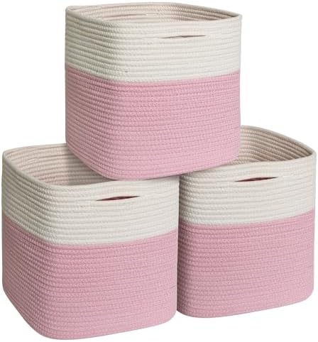 11x11 Cube Storage Bin - 3 Pack Woven Storage Cubes Organizer, 11 Inch Cotton Rope Baskets for Organizing, Decorative Square Shelf Baskets Closet Bins, Toy Boxes for Girls, Pink Room Decor by Unknown