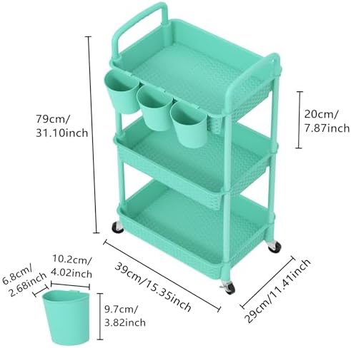 MOYIPIN 3-Tier Plastic Rolling Utility Cart with Handle,Turquoise - Image 2