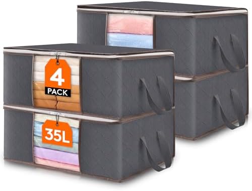 Lifewit 4 Pack 35L Clothes Storage Bins with Lids, Foldable Blanket Storage Bags with Zippers, Clear Window and Reinforced Handles, Closet and Organization for Clothing, Sweater, Comforter, Bedding by Lifewit
