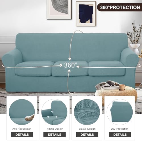 U-NICE HOME 4 Pieces Stretch Couch Cover Sofa Slipcover, Light Blue - Image 4