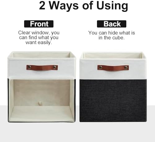 Bagnizer Storage Cubes, 4 Pack Linen Foldable Storage Bins with Clear Window and 2 Handles, 13x15x13 Storage Cube Bins for Shelf Closet, Kallax, Clothes, Books - (Black / Off-White) - Image 5