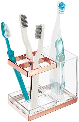 mDesign Plastic Toothbrush and Toothpaste Storage Organizer Holder - Home Decor for Bathroom Countertop - Holds Toiletries and Beauty Accessories - Lumiere Collection - Clear/Rose Gold - Image 4