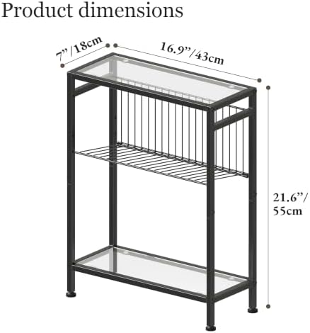 Glass Side Table, Tempered Glass End Table, 3-Tier Narrow Side Table with Magazine Holder, Small Nightstand with Modern Style, Skinny Snack Table in Living Room, Bedroom Study and Balcony, Black - Image 3