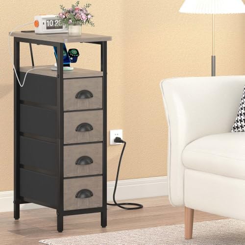 sthmec Side Table with Charging Station, Narrow End Table with 4 Drawers, Small Nightstands with Fabric Drawers,Slim Sofa Couch Side Tables for Small Spaces,Living Room,Bedroom, Grey - Image 7