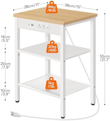 HOOBRO Side Table with Charging Station and USB Port, Small End Table for Small Space, 3-Tier Nightstand with Adjustable Shelf, for Living Room, Bedroom, Natural and White WN112BZ01 - Image 3
