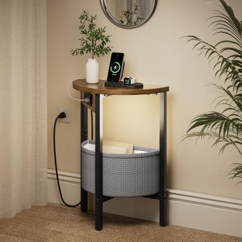 Vagusicc Round Side Table with Charging Station, Round End Table with Fabric Basket, Accent Table Coffee Table, Set of 2 Half Moon Tables, Bedside Table, Modern LED Nightstand for Living Room, Brown - Image 2