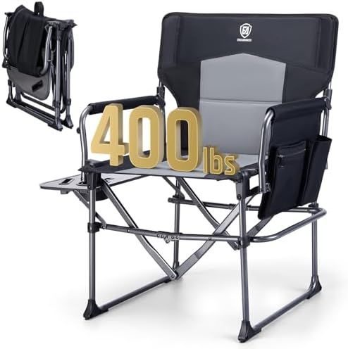 EVER ADVANCED Camping Directors' Chair with Side Table, Portable Folding with Compact Size, Heavy Duty Lawn Chair with Pocket for Camping, Lawn, Sports and Fishing, 400lbs, Black by EVERADVANCED