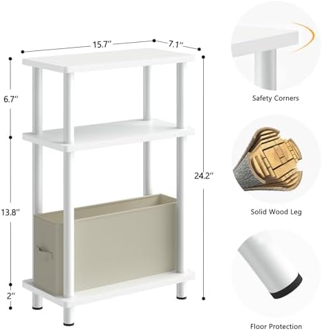 Apicizon Narrow Side Table with Fabric Basket, 3-Tier End Table, White - Image 2
