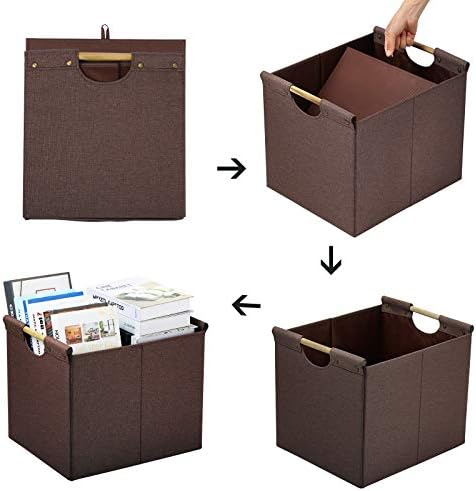 HOONEX Large Collapsible Storage Bins, Linen Fabric, 2 Pack, Storage Baskets with Wooden Carry Handles and Sturdy Heavy Cardboard, for Home, Office, Car, Nursery, Brown - Image 6