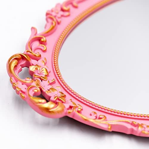 Tstarer Vintage Decorative Pink Framed Mirror, Wall Hanging Mirrors & Tabletop Tray for Bedroom Living Room Dresser Decor, Oval- 9.6" W x 14.3" L (Pink) - Image 4
