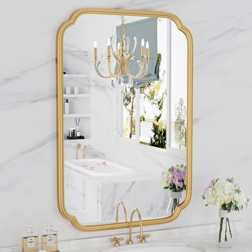 Ferytange Gold Bathroom Mirror for Wall 20" x 30" Modern Rounded Corner Rectangle Mirror with Non-Rusting Iron Metal Framed Bathroom Vanity Mirror for Over Sink Wall Decor(Horizontal/Vertical) by FerytangeHome