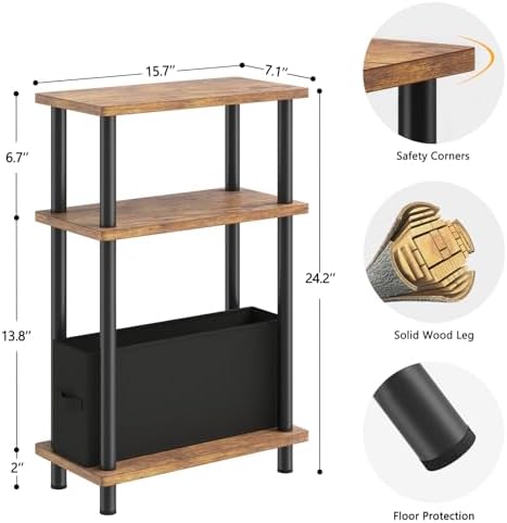 Apicizon Narrow Side Table with Fabric Basket, 3-Tier End Table,Brown Black - Image 2
