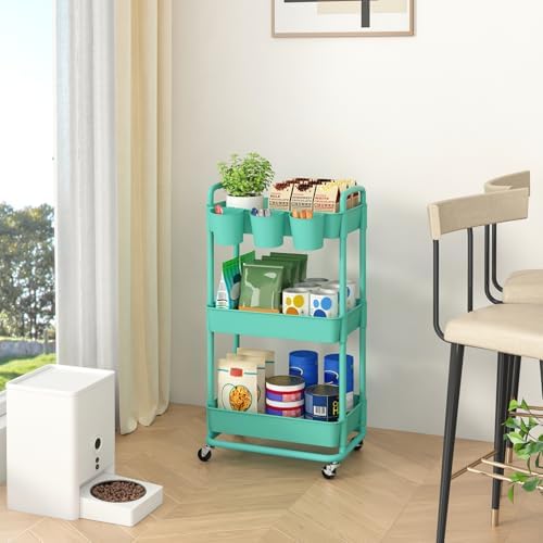 JIUYOTREE 3-Tier Plastic Rolling Storage Cart Utility Cart Green - Image 4