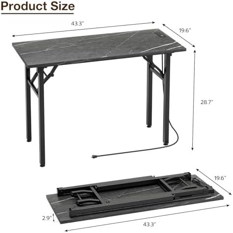 TEMI Small Computer Desk Folding Table - No Assembly, Compact 43.3" Foldable Desk with Power Outlets & USB Charging Port, Portable Small Office Desk, Ideal Mini Study Table, Marble Greige - Image 3
