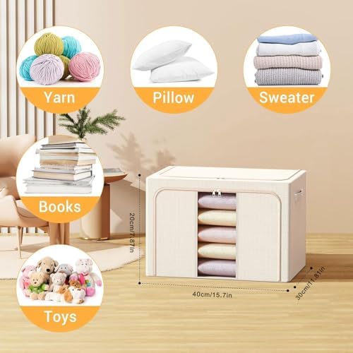 Clothes Storage Bins with Metal Frame, Foldable Clothes Organizers Storage Containers for Clothes, Sheets, Blankets, Pillows and Towels (24L, 3 Pack) Beige - Image 2