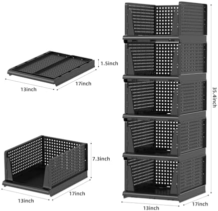 Folding Closet Organizer and Storage for Shelves, 5 Pack Stackable Plastic Storage Basket for Closet, Top Bottom of Closet Organizer, Drawers Organizer for RV, Camper, Pants, Clothes, Office - Image 4