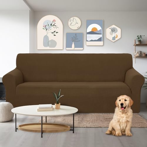 U-NICE HOME Stretch Couch Cover Slipcover for 3 Cushion Sofa, Brown - Image 2