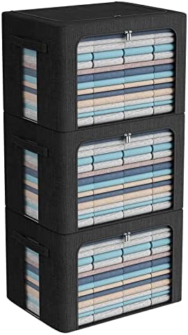 CYhom 3Pack Foldable Storage Bins - Frame Storage Box Linen Fabric Stackable Clothes Container Organizer with Clear Window & Carry Handles Large Capacity (Extra Large-100L, Black) by CYhom