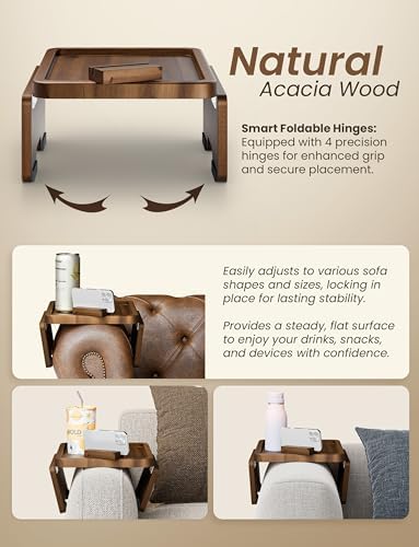 HOLANA 15.75" Acacia Couch Armrest Table with Phone Holder, Walnut Color - Image 3