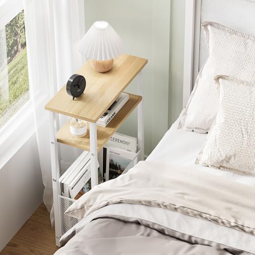 MMEOLUOOK Narrow Side Table with Storage Basket Skinny End Tables for Smalls Spaces 3 Tier Sofa Table Small Nightstand Slim Bedside Table for Living Room Bedroom Natural Wood MLBZ22Y - Image 5