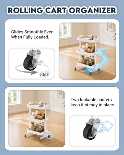 ZOES HOMEWARE 3 Tier Metal Rolling Cart by T-Frame Design on Wheels,White - Image 3