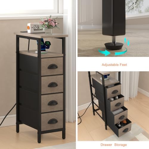 sthmec Side Table with Charging Station, Narrow End Table with 4 Drawers, Small Nightstands with Fabric Drawers,Slim Sofa Couch Side Tables for Small Spaces,Living Room,Bedroom, Grey - Image 5