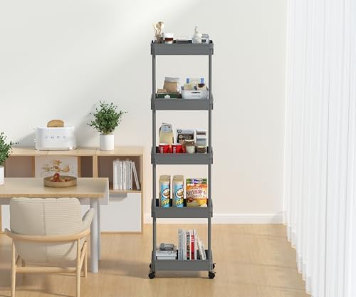 Sooyee 5-Tier Plastic Rolling Utility Cart with Wheels, Grey - Image 6