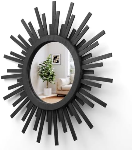 24 Inch Boho Sunburst Mirror, Round Wooden Wall Decor Starburst Sun Mirror for Bedroom, Living Room, Bathroom, Hallway, Balcony, Farmhouse Entryway, Housewarming Gift（Black by Makelifemorewonderful