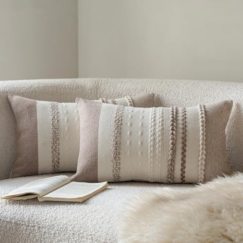 Cethom Boho Throw Pillow Covers 12x20 Inch Set of 2, Khaki Textured Decorative Couch Pillow Cases for Farmhouse Home Decor, Accent Cushion Cover for Sofa, Bed, Living Room, Bedroom by Cethom