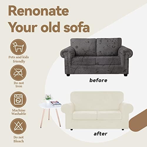 WEERRW Velvet Stretch 3 Pieces Couch Cover for Sofa Washable, Ivory - Image 5