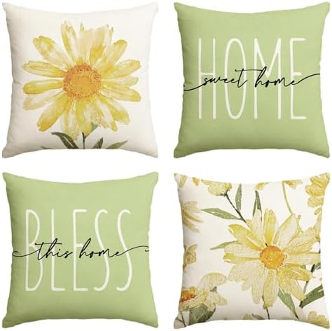 AVOIN colorlife Home Sweet Home Spring Summer Flowers Green Throw Pillow Covers, 20 x 20 Inch Cushion Case for Sofa Couch Set of 4 by AVOINcolorlife