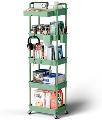 Sorgion 5 Tier Rolling Cart Organizer,Bathroom Cart Organizers with Wheels Laundry Room Organization Mobile Shelving Unit Utility Cart Storage Shelves Multi-Functional for Office, Home(Green) by Sorgion