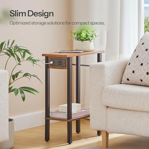 HOOBRO Narrow Side Tables, Set of 2, 2-Tier Slim End Tables with Charging Station, Skinny Nightstands with Open Storage, for Small Spaces, Living Room, Bedroom, Rustic Brown and Black BF240UBZP201 - Image 4