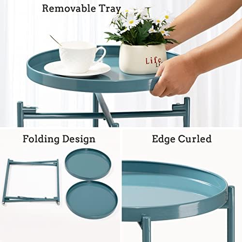 TeoKJ 2 Tier Round Side Table, Folding Round Metal End Table Small Nightstand with Two Removable Tray for Bedroom Living Room Bedside Small Spaces Blue Gray - Image 6