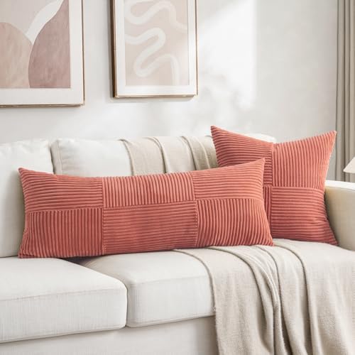 Fancy Homi Set of 2 Coral Boho Long Lumbar Body Decorative Throw Pillow Cover 14x36 Inch for Bed Couch Bedroom Bench, Soft Patchwork Corduroy Textured Pillow Case, Rustic Farmhouse Room Décor - Image 5