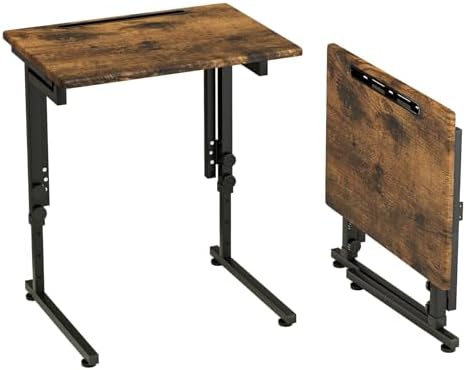 Adjustable Folding TV Tray Table,TV Dinner Small Foldable C-Shaped End Table for Eating,6 Height Adjustable Slide Under Couch Side with Sturdy MDF Top,No Assembly(Brown) by Fleecy+day