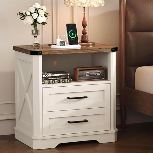 Yusong 23.62” Tall Farmhouse Nightstand, Rustic Wooden Night Stand with Charging Station, Beside Table with Drawers and Open Storage, End Tables for Bedroom, Cream White 003 by Yusong