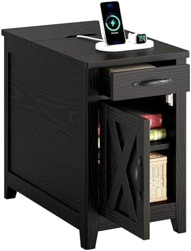 IRONCK End Table with Charging Station, Narrow Side Table, Black by IRONCK
