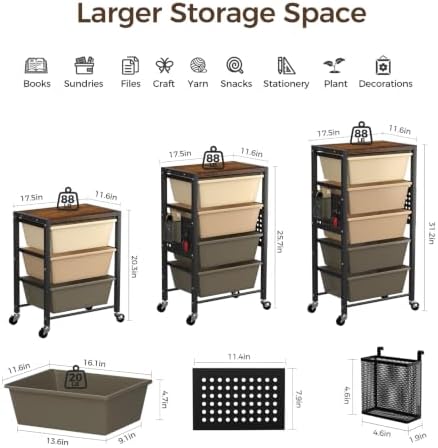Rolling Cart with 3 Drawers, Plastic Drawer Storage Carts with Lockable Wheels & Wooden Tabletop, Metal Utility Cart Organizer, Office Bedroom Classroom Craft Organization and Storage, Dark Brown - Image 3