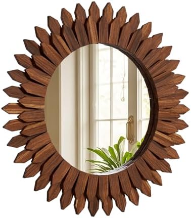 20" Walnut Round Sunburst Wooden Mirror Boho Rustic Wall Decor - Image 7